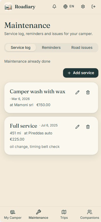 Service records and maintenance log in Roadiary