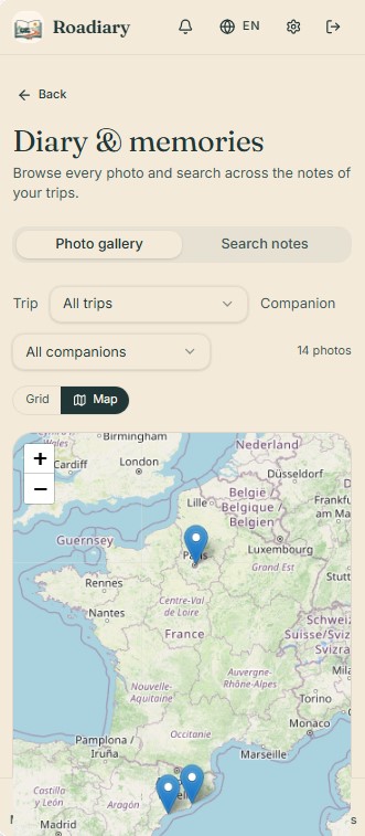 Geolocated photo map in Roadiary