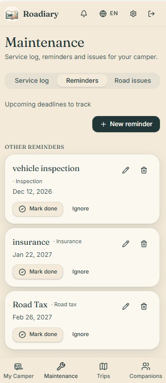 Maintenance reminders in Roadiary