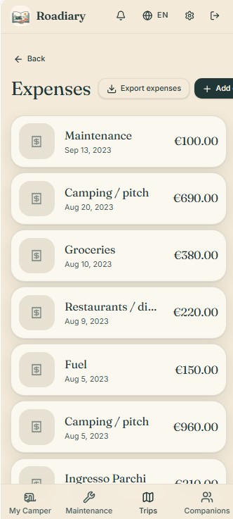 Expenses module in Roadiary